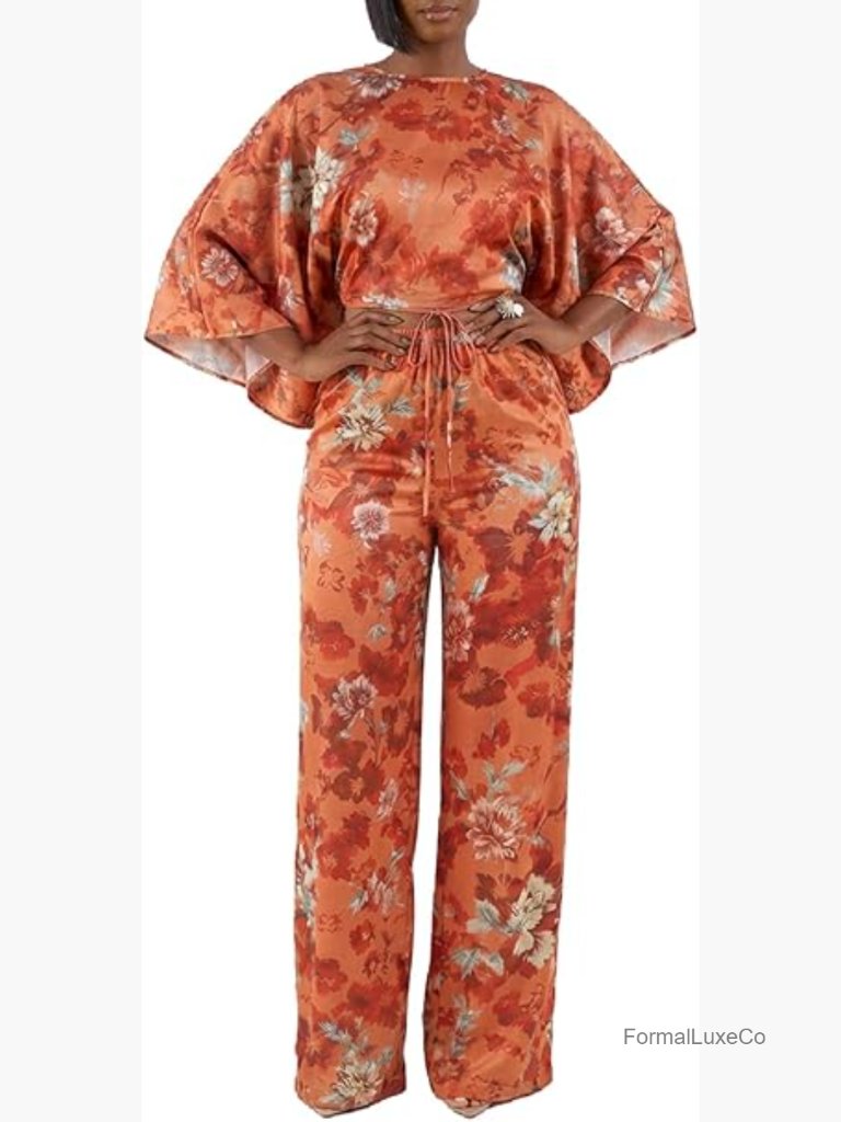 Floral Print Batwing Sleeve Wide Leg Pants Set Loungewear